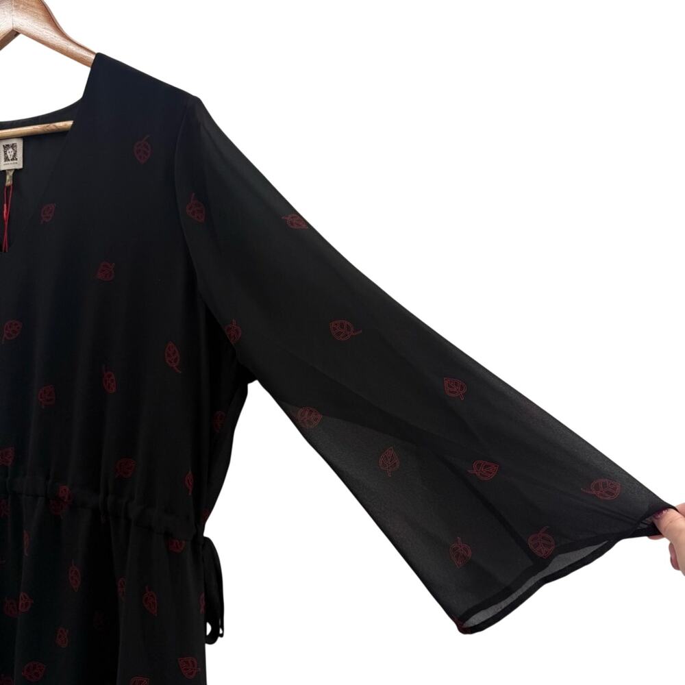 NWT Anne Klein Sheer Overlay Long Sleeve Cinch Drawstring Blk Red Midi Dress 18 - Picture 6 of 13